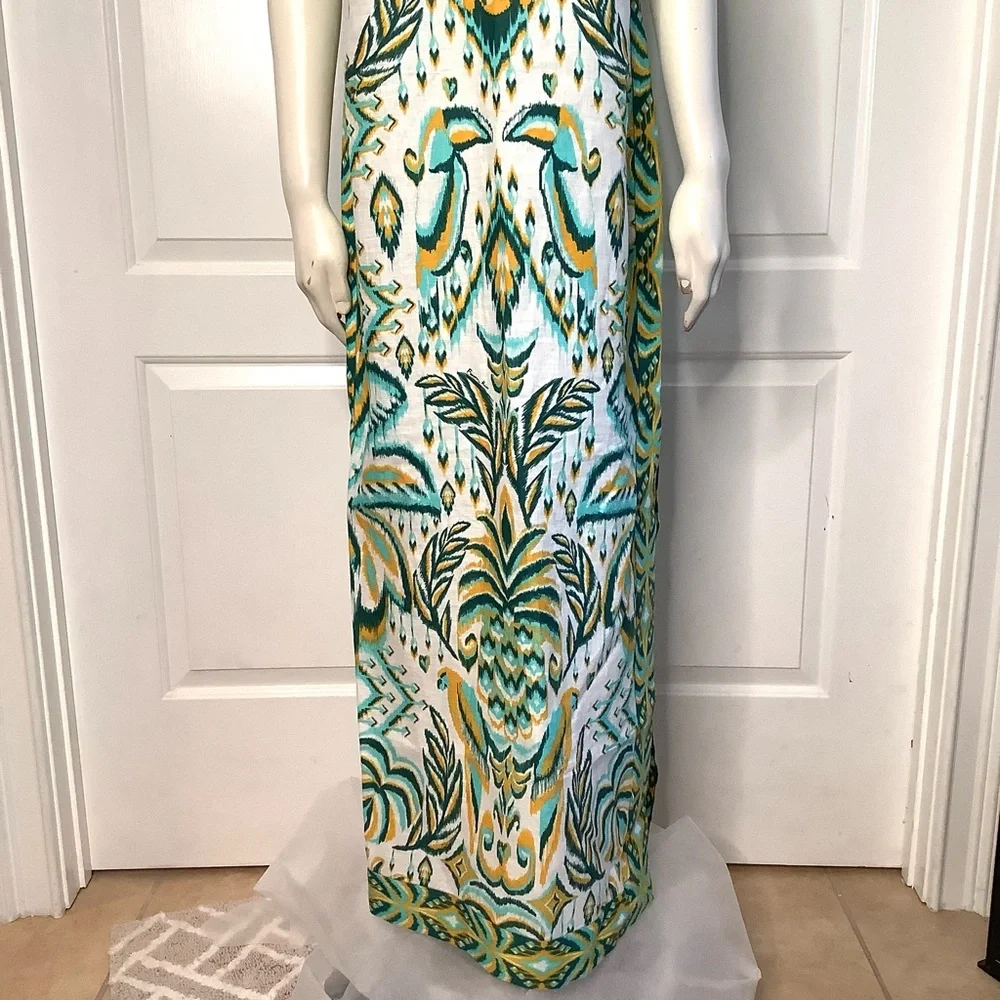 FARM RIO Blue/Greens & Cream Beads Tropical Tapestry Linen Halter Maxi Sundress - Picture 8 of 16